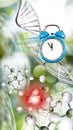 image of a collapsing clock, from which particles are torn off against the background of stylized DNA chains, part of the chain Royalty Free Stock Photo