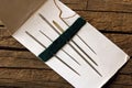 ASSORTED SEWING AND DARNING NEEDLES ON A CARD WITH A THREAD IN ONE NEEDLES