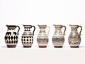 Image of a collection of patterned ceramic water pitchers. Generative AI.