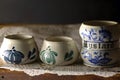 SMALL WHITE CERAMIC POTS WITH DECORATIVE BLUE MOTIFS ON WHITE PAPER DOILIE