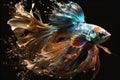 Image of colorful betta fish with long beautiful tails on a black background. Pet. illustration. Generative AI