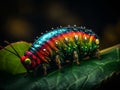 An image of a colorful caterpillar sitting on top of a green leaf. AI generated