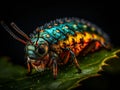 An image of a colorful caterpillar sitting on top of a green leaf. AI generated