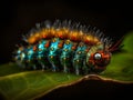 An image of a colorful caterpillar sitting on top of a green leaf. AI generated