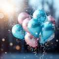 Image Colorful celebratory scene with balloons, snowflakes, and sparkles on bokeh