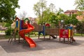 An image of a colorful children playground, without children