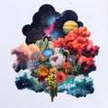 Celestial Dreamscape: A Whimsical Collage of Flowers, Clouds, and Cosmic Wonder Royalty Free Stock Photo