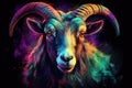 Image of colorful goat head on white background. Farm animal. illustration, generative AI