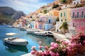 The colorful harbors of Symi greek landscape background