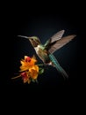 Colorful hummingbird mid flight with red flower Royalty Free Stock Photo