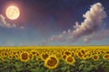 image of colorful landscape field of sunflowers agriculture farm at the golden hour scene. Royalty Free Stock Photo