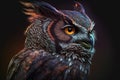 Image Of Colorful Owl On Dark Background. Wildlife Animals. Bird. Illustration. Generative AI
