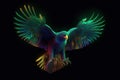 Image of colorful parrot spreading wings on black background. Birds. Wildlife Animals. Illustration, Generative AI Royalty Free Stock Photo