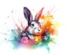 Image of a colorful rabbit with beautiful colors and flowers on a white background. Wildlife Animals