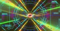Image of colourful circular scanner processing over bright flashing lights
