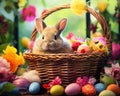 Colourful Cute Easter Bunny in a Basket.