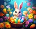 Colourful Cute Easter Bunny in a Basket.