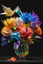 Image of colourful origami paper flowers on black background, created using generative ai technology