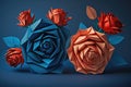 Image of colourful origami roses on blue background, created using generative ai technology