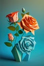 Image of colourful origami roses on green background, created using generative ai technology