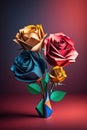 Image of colourful origami roses on purple background, created using generative ai technology