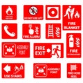 Common fire safety icons with fire extinguisher, Fire Blanket, Fire Hose, Fire Asembly point, Fire Exit sign and Fire Safety signs