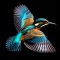 Image of common kingfisher Alcedo atthis in flight isolated on black background. Bird. Animals. Generating Ai Royalty Free Stock Photo