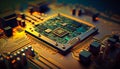 An image of computer chip on top of an electronic circuit board. Generative AI Royalty Free Stock Photo