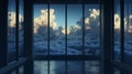 Modern high-rise office view, overlooking a dense sea of clouds at dusk Royalty Free Stock Photo