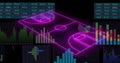 Image of computer graphic 3d neon soccer field over data, graphs, charts on digital interface Royalty Free Stock Photo