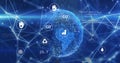 Image of computer icons with dots connected with lines and programming data against globe Royalty Free Stock Photo