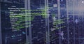 Image of computer language and connected arrow over data server systems in server room Royalty Free Stock Photo