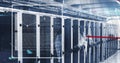 Image of computer language, connected dots, red lines moving over data server racks Royalty Free Stock Photo