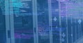 Image of computer language and connected icons over data server racks in server room Royalty Free Stock Photo