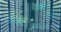 Image of computer language and grid over data server racks Royalty Free Stock Photo