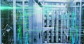 Image of computer language over connected dots and globe over data server systems Royalty Free Stock Photo