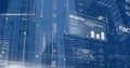 Image of computer language over loading bars, map, graph, texts over low angle view of buildings Royalty Free Stock Photo