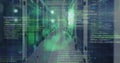 Image of computer programming language and abstract pattern over server room