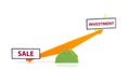 Image concept of unbalance word sale at bottom and investment on top.green and orange color toy seesaw