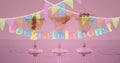 Image of congratulation text and bunting over three cocktail glasses on pink background