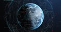 Image of connected dots and binary codes with programming language around rotating globe Royalty Free Stock Photo