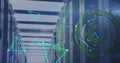 Image of connected dots forming triangles and loading circles over server room