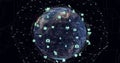 Image of connected icons and dots around rotating globe over black background