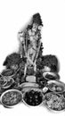 Hindu lord Krishna black and white , janmastami , sweets , worship, white background.