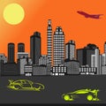Illustration of a city with the rising sun, a aeroplane flying in the sky and moving cars on the road