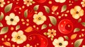 The image contains a repeating pattern of stylized flowers, leaves, and swirling red shapes on a red background. The flowers are Royalty Free Stock Photo