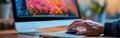 Photography Editing Process: Closeup of Hand Editing Photo on Computer Software with Copy Space for Text, Pen, Notepad,