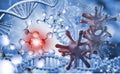 image of coronaviruses on the background of a stylized image of the DNA chain
