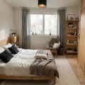 Cosy wooden peaceful bedroom in dark tones double bed with pillows and blankets ceramic tiles floor carpet poufs shelves and