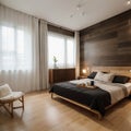 Cosy wooden peaceful bedroom in dark tones double bed with pillows and blankets ceramic tiles floor carpet poufs shelves and